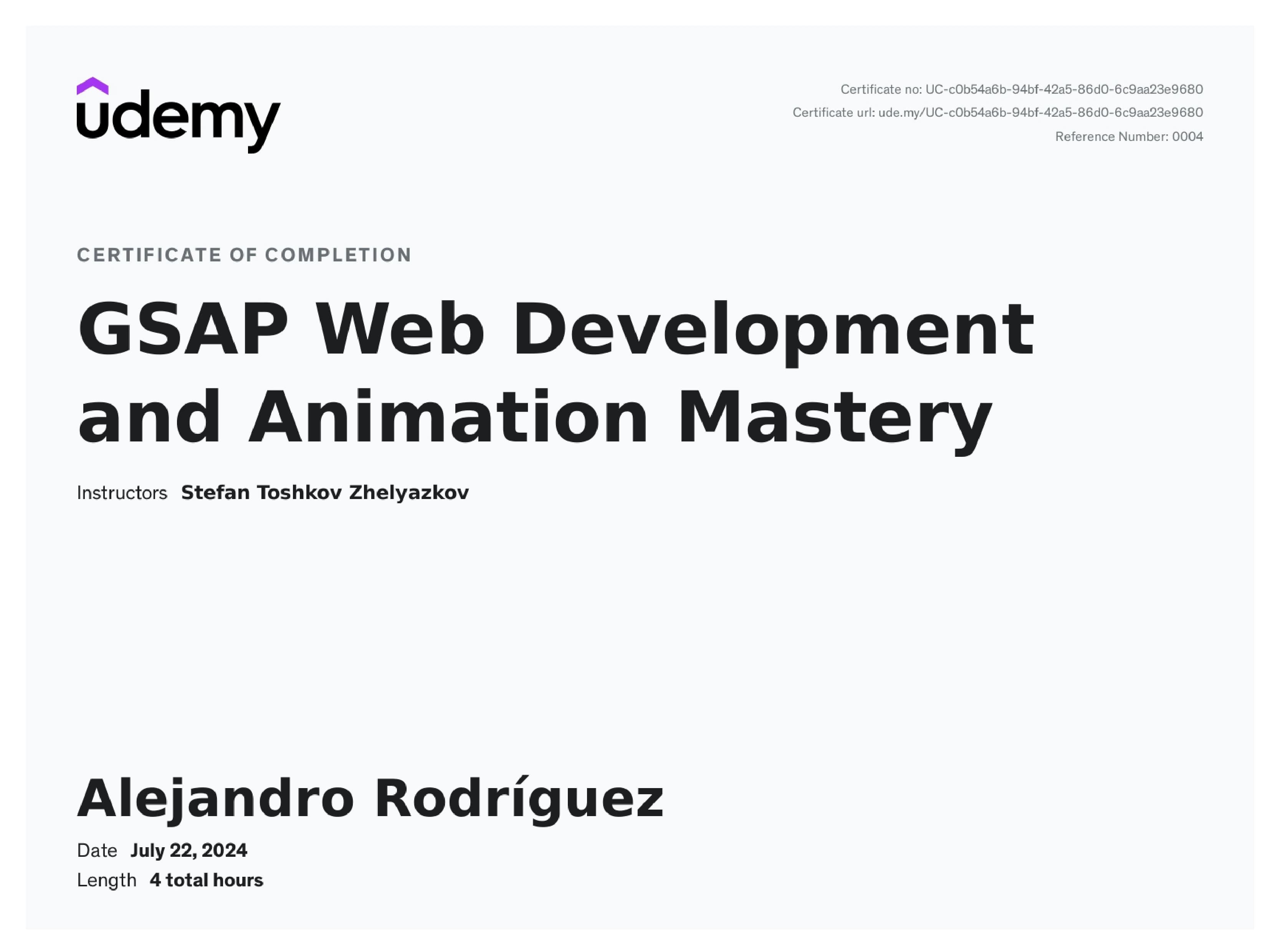 GSAP Web Development and Animation Mastery certificate issued by Udemy