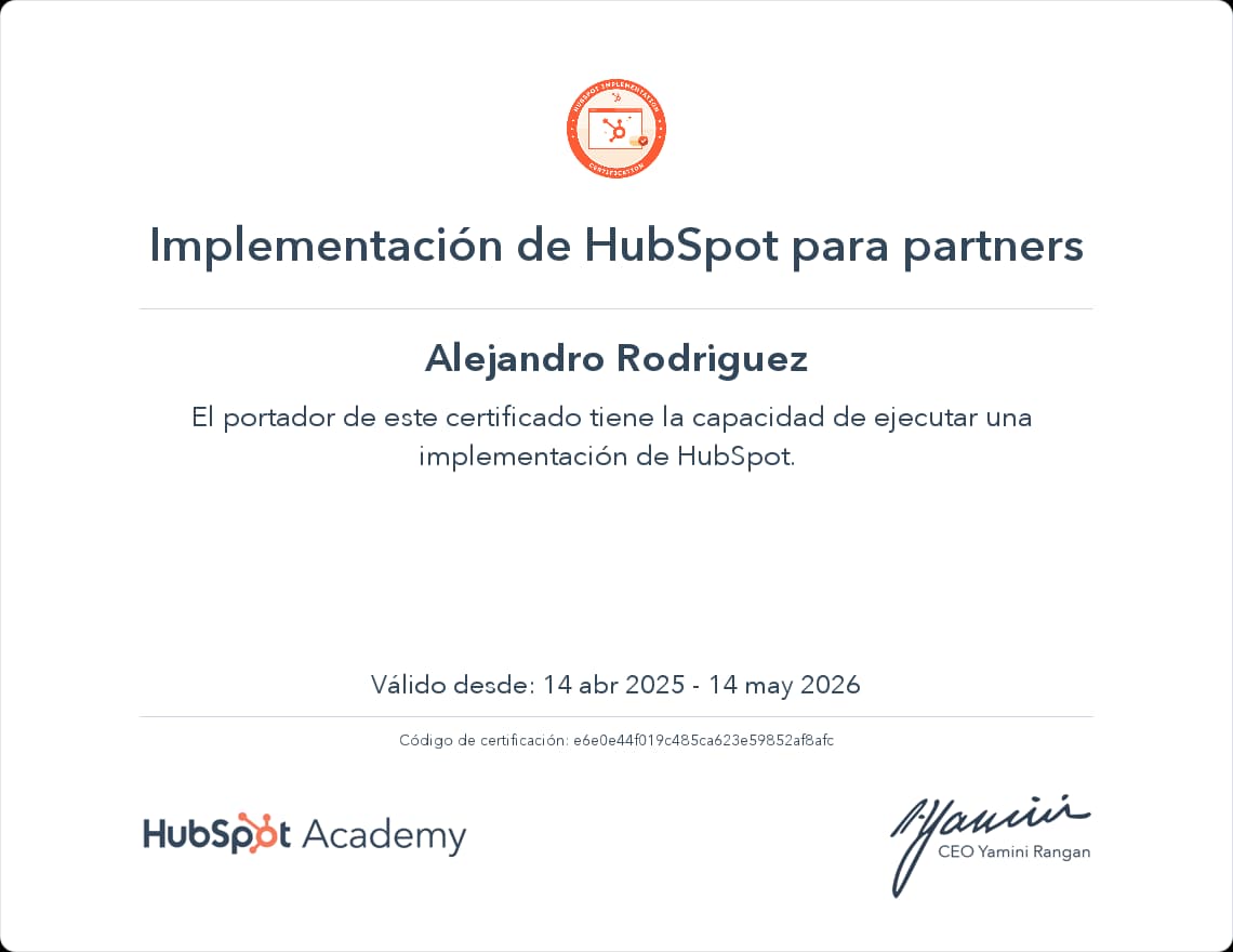 Implementación de HubSpot para partners certificate issued by HubSpot Academy