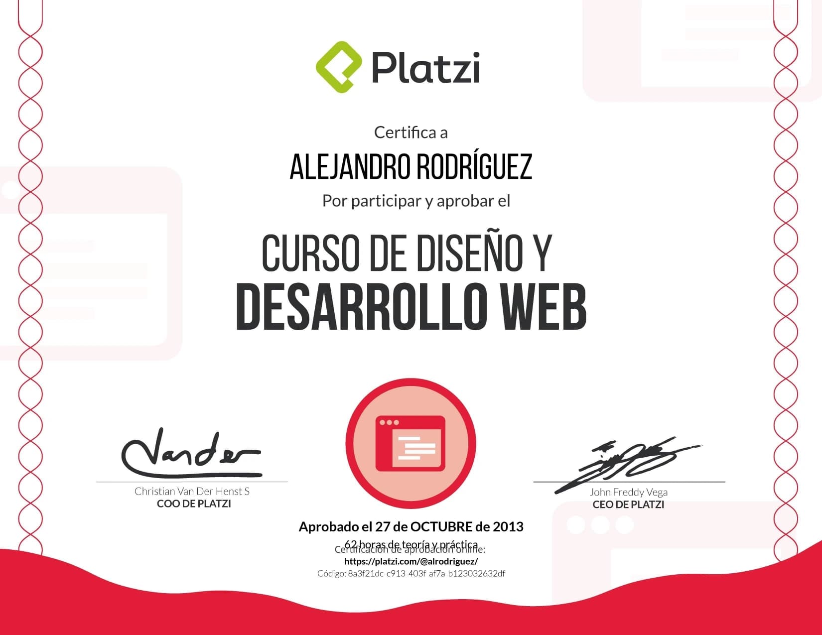 Curso de Diseño y Desarrollo Web certificate issued by Platzi