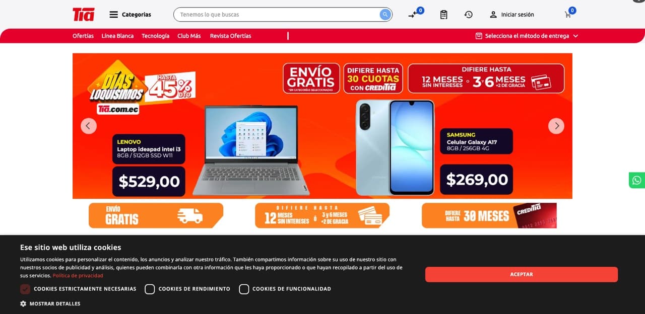 TÍA Ecuador e-commerce homepage showing the promotional carousel and product grid